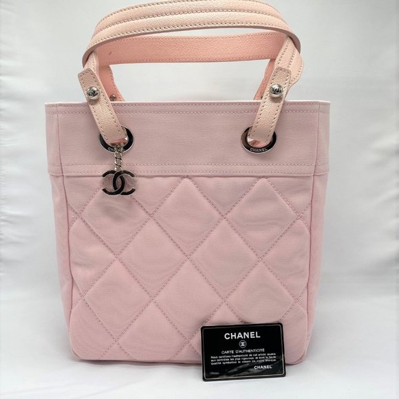 CHANEL, Bags, Chanel Pink Canvas Quilted Paris Biarritz Hand Bag With  Silver Hardware